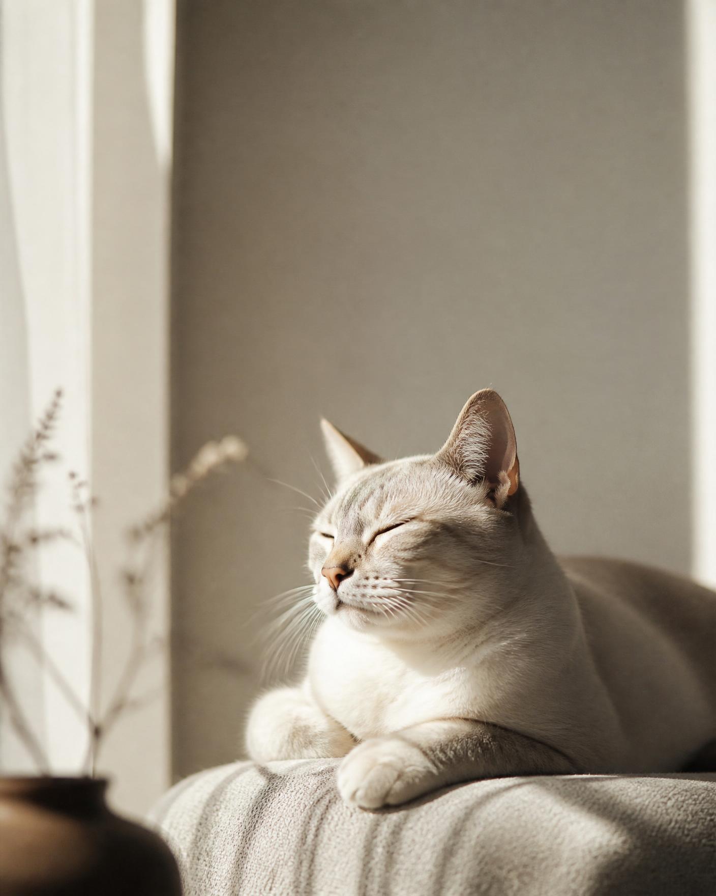 Laila, a tabby cat, in warm chair light