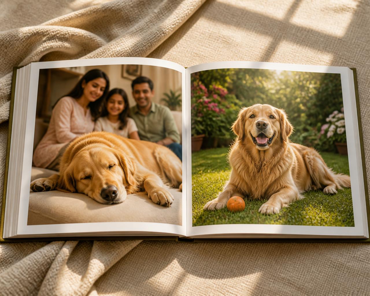 An open landscape photobook featuring a golden retriever in both pages, with an Indian family, resting on a linen throw in warm window light