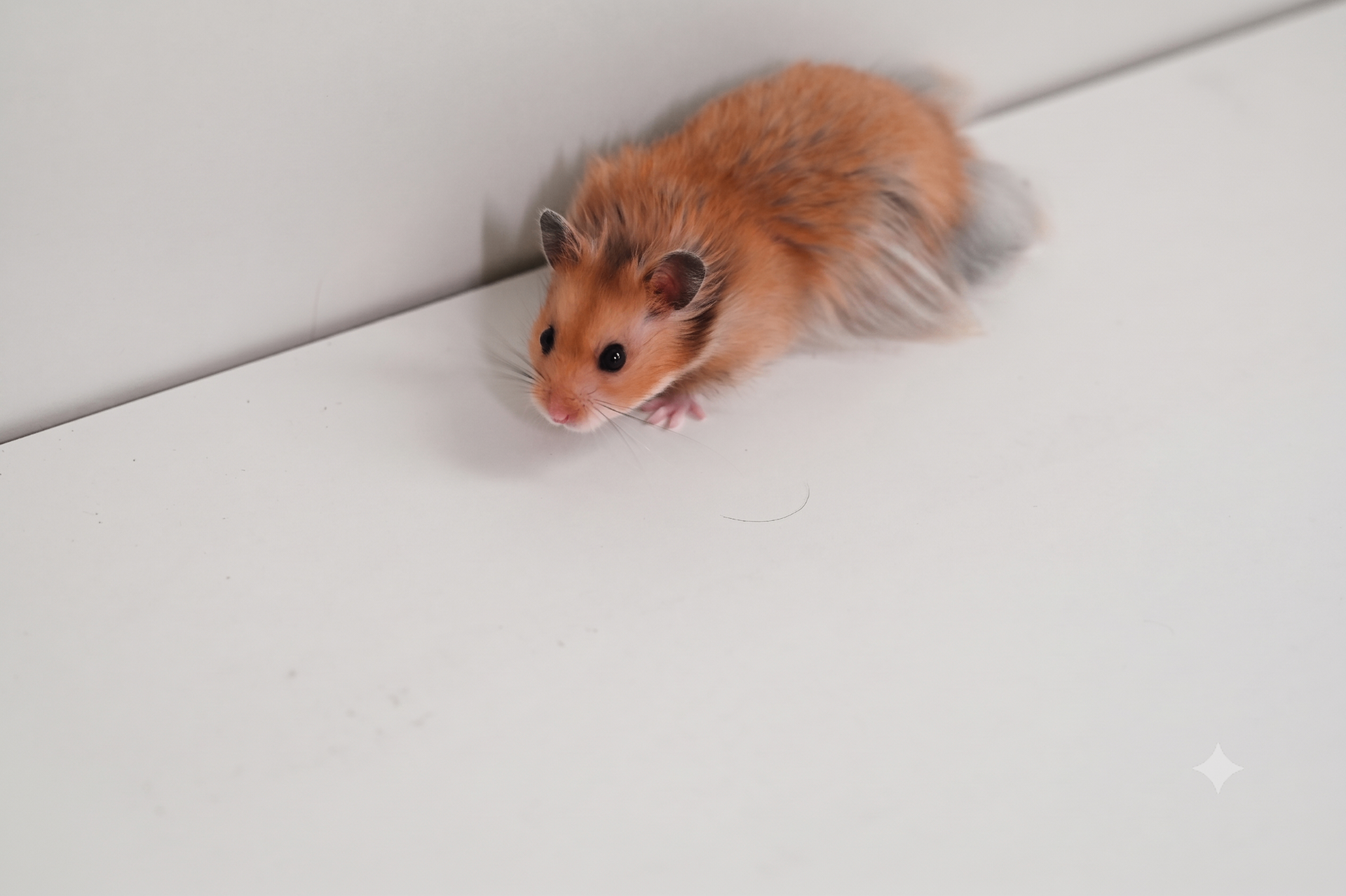 Puffy, a small syrian hamster, held gently in cupped hands